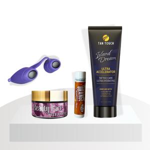 Island Dream Tanning Kit includes Bottle of Island Dream Ultra Accelerator Cream, Face Pot, Lip Balm & Eye Protection