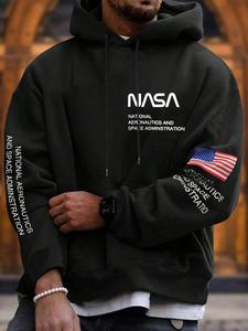 【Plus Size】 Letter & Flag Print Drop Shoulder Hoodie, Casual Regular Fit Drawstring Pocket Hooded Sweatshirt for Daily Holiday Outdoor Wear, Men Clothing for Fall & Winter