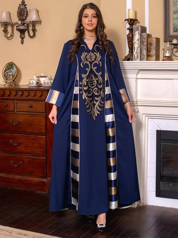 Ramadan-Muslim Elegant V-Neck Embroidered Stripe Kaftan Dress - Modest Long Sleeve Maxi for Women, Polyester, Machine Washable 1