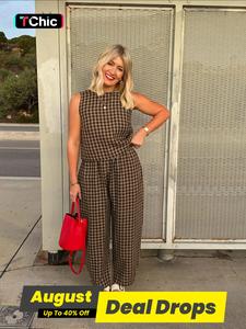 Two-piece Set Women's Gingham Print Tank Top & Wide Leg Pants, Casual Fashion Cozy Outfits for Daily Outdoor Wear, Women Clothes for Spring Fall