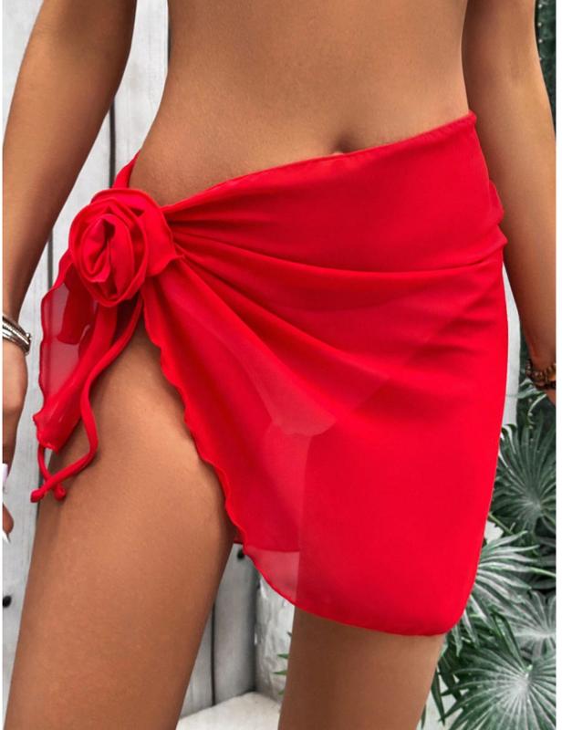 SHEIN Swim Women Solid 3D Floral Decor Cover-Up Tunic & Midi Skirt Set for Holiday Summer 1