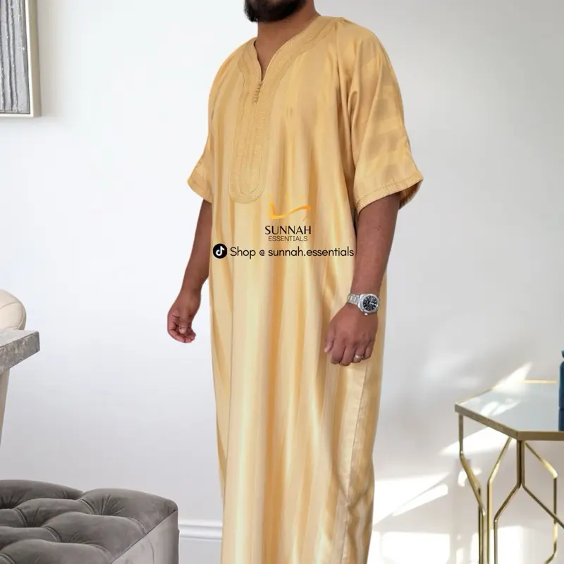 Moroccan Thobes Striped in Butter Yellow, Green & Navy Blue - Islamic Clothing 3