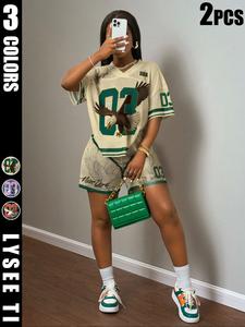 2-piece Set Of New Spring and Summer Casual Street Sports Style V-neck Short Sleeved Loose Fitting Size 03 "usa" Slogan Green Striped T-shirt+five Point Apricot Mesh Shorts Set, Womenswear