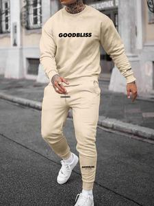 Two-piece Set Men's Letter Print Patched Drawstring, Loose Long Sleeve Pullover & Jogger Pants For Spring & Fall, Men's Outfits For Daily Wear