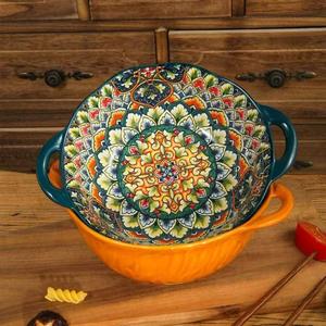 Boho Style Ceramic Bowl, 1 Count Exquisite Vintage Double Handle Soup Bowl, Microwave Safe Baking Bowl for Home Kitchen Restaurant Hotel