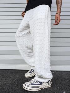 Men's Jacquard Letter Patched Pocket Straight Leg Pants, Loose Casual Comfy Elastic Waist Trousers for Fall & Winter, Men's Bottoms for Daily Wear