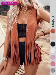 Women's Solid Color Studded Decor Fringe Trim Jacket, Casual Fashion Open Front Sleeveless Outerwear for Daily Outdoor Wear, Ladies Clothes for Summer