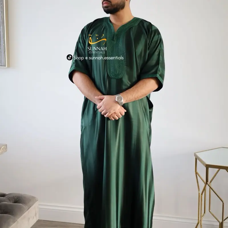Moroccan Thobes Striped in Butter Yellow, Green & Navy Blue - Islamic Clothing 4