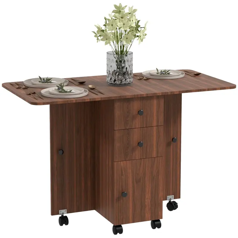 HOMCOM HOMCOM Folding Dining Table, Drop Leaf Table With Drawers Distressed Brown Brown 120W x 60D x 76.5Hcm 0