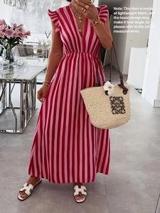 New Fashion Elegant Vertical Striped Back Tie V Neck Butterfly Sleeve Long Dress, Summer Vacation Beach Women's Long Dress, Stripes, Womenswear