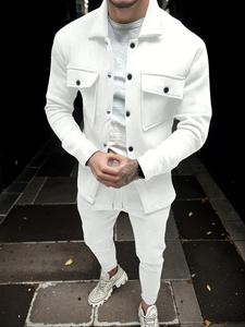 Men's Solid Button Front Pocket Jacket & Pants Two-piece Set, Regular Fit Casual Long Sleeve Collared Outerwear & Trousers for Fall & Winter, Posh Men's Clothes, Men's Clothes for Daily Wear