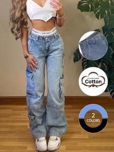 NVFelix Cargo Jeans Women Straight Leg Side Zipper Pockets Y2K Denim Pants