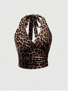 Women's Leopard Print Ruched Tie Back Halter Crop Tank Top, Fashion Casual Backless Sleeveless Top for Summer, Ladies Clothes for Beach Holiday Vacation