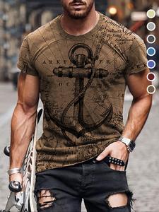 Men's Letter & Anchor Print Round Neck Tee, Summer Clothes Casual Regular Fit Short Sleeve T-Shirt for Summer, Mens Clothes for Daily Wear