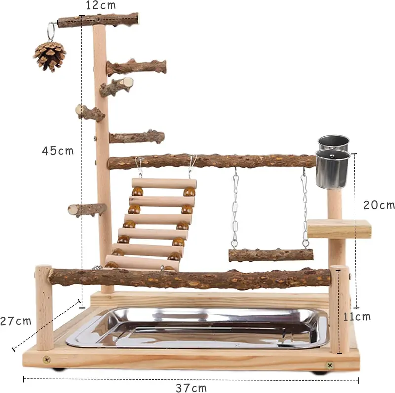 WishesMar Bird Playground Parrot Play Stand with Feeder Cup Swing Climb Ladder and Tray Budgie Playground Cage Exercise Gym Toys for Parakeets Cockatiel, Wooden, Size About 17.7x14.6x10.2 In #A 3