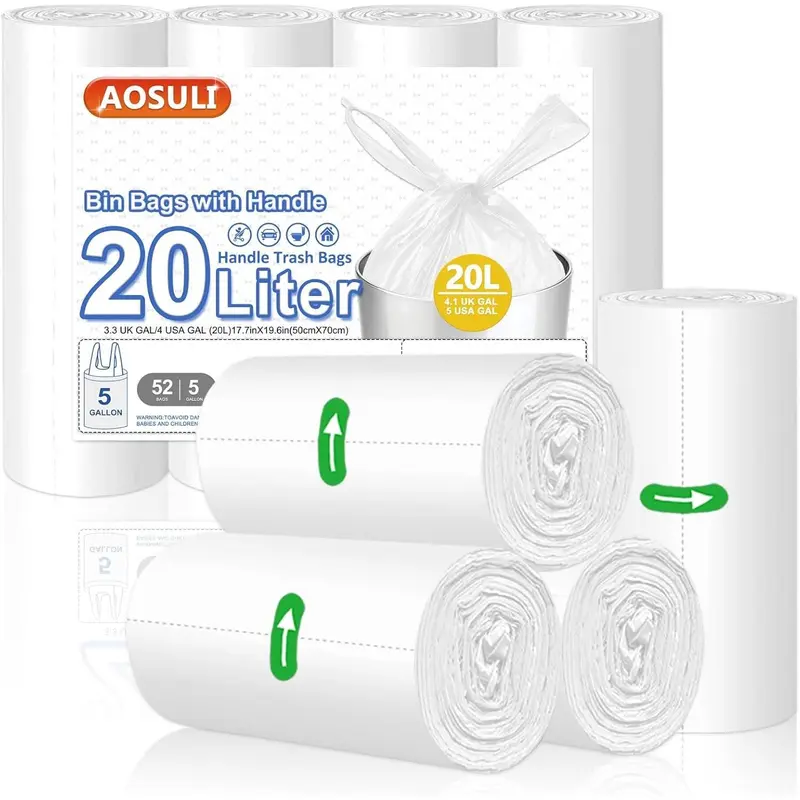 Bin Bags 20Liter with Tie Handles,Heavy Duty Bin Liners White and Transparent Trash/Garbage Bags 52 Count Rubbish Bags Pack 0