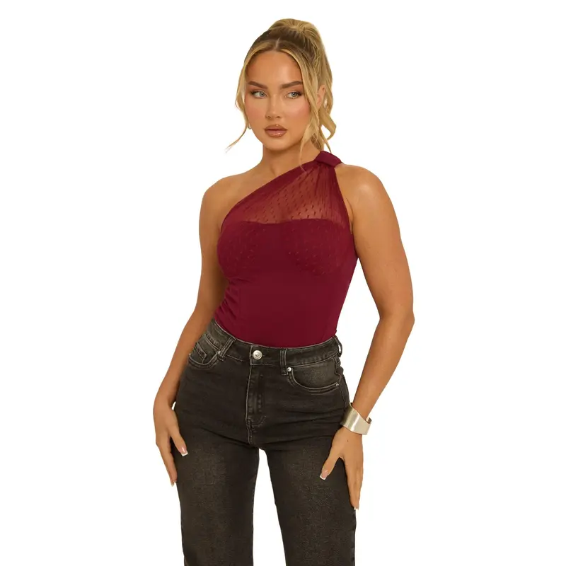 Carrie Polka Mesh Corset One Shoulder Bodysuit 8