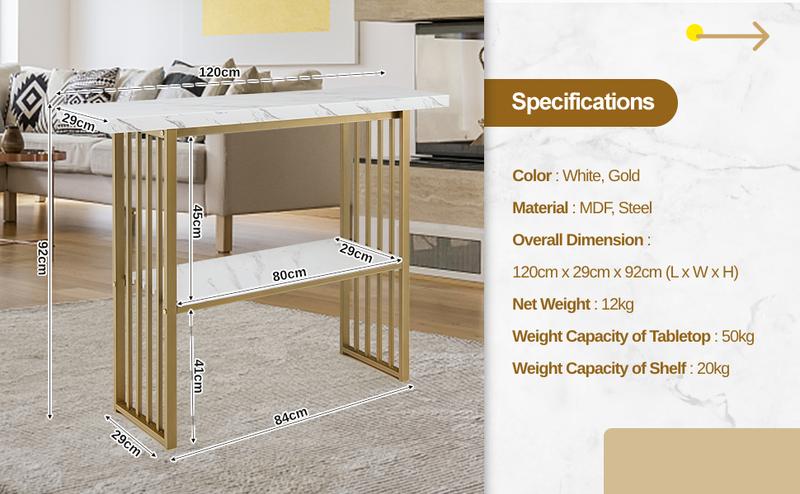 Product Introduction of COSTWAY 2-Tier Console Table, Modern Faux Marble Narrow Hall Desk Sofa Side Table, 120cm Long Slim Display Accent Table for Entryway, Living Room, Bedroom and Foyer (White+Black) 17