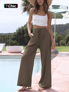 Women's Solid Color Drawstring Waist Wide Leg Pants, Casual Pocket Trousers for Beach Holiday Vacation, Ladies Bottoms for All Seasons