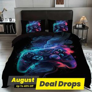 Game Controller Pattern Bedding Set, 3 Counts/set Bedding Duvet Cover & Pillowcase, Soft Comfortable Romantic Bedding Set for Home Bedroom, Room Accessories, Bedding Sets, Cute Bedroom Decor, Soft Comfy Blanket, Bedding Supplies, Decorative Bedding Set