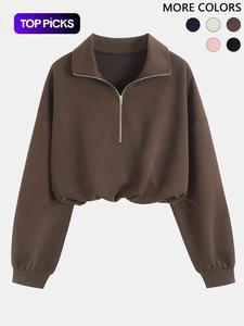 Women's Half-Zip Stand Collar Drawstring Short Sweatshirt, Spring & Fall Casual Fashion, Comfortable and Stylish