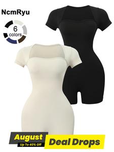 Women's Jumpsuit Shorts Square Neck Tight Fitting Short Sleeved Jumpsuit High Elasticity Sportswear Push Up Outdoor Training Suit Gym Yoga Solid Color Jumpsuits