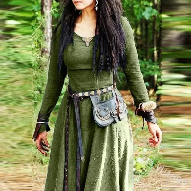 Women's Medieval Victorian Retro Dress – Solid Color High-Waisted Long-Sleeve O-Neck Masquerade Carnival Party Costume 3