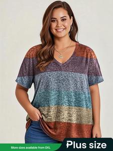 【Plus Size】Colorful Print V Neck Tee, Plus Casual Style Fabric Drop Shoulder Short Sleeve Patchwork T-Shirt for Summer, Women's Plus Clothing for Outdoor Daily Wear, Womenswear