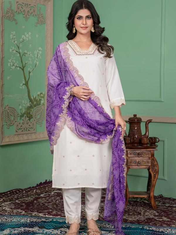 Women's Viscose Chanderi Punjabi Style Top,Bottom and Taby Silk Dupatta 3