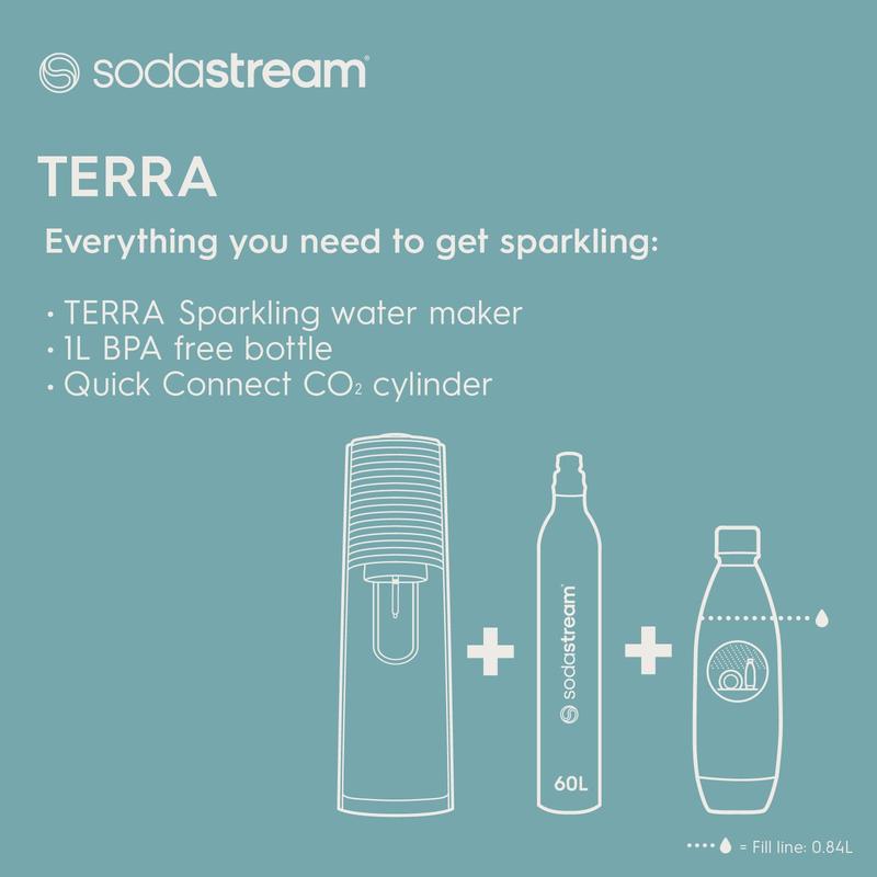 SodaStream Terra Sparkling Water Maker, Sparkling Water Machine & 1L Fizzy Water Bottle, Retro Drinks Maker w. BPA-Free Water Bottle & Quick Connect Co2 Gas Bottle for Home Carbonated Water - White 1