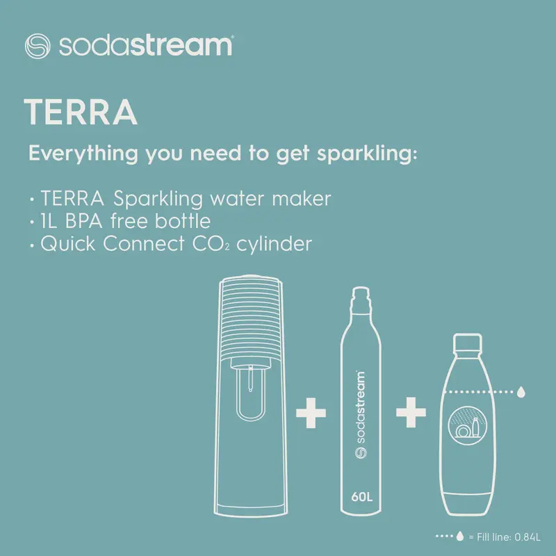 SodaStream Terra Sparkling Water Maker, Sparkling Water Machine & 1L Fizzy Water Bottle, Retro Drinks Maker w. BPA-Free Water Bottle & Quick Connect Co2 Gas Bottle for Home Carbonated Water - White 1