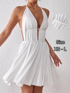 Halter Neck Backless Dress Women's V-neck Strappy Design, Adjustable Tie Waist & Comfort Fit, Sophisticated Office To Evening Versatile