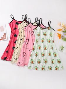 Women's Cartoon / Heart Print Contrast Binding Cami Nightdress, Casual Soft Comfortable Fitted Sleeveless Breathable Nightgown for All Seasons, Lady's Sleepwear for Everyday Indoor Wear, Night Gown for Women, Loungewear, Summer Sleepwear