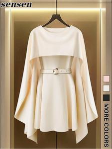 Women's Plain Belted Cloak Sleeve Dress with Belt, Modesty Elegant Fashion Casual Dress for Daily Outdoor Wear, Women Dress for Spring Fall, Classy Modest Dresses