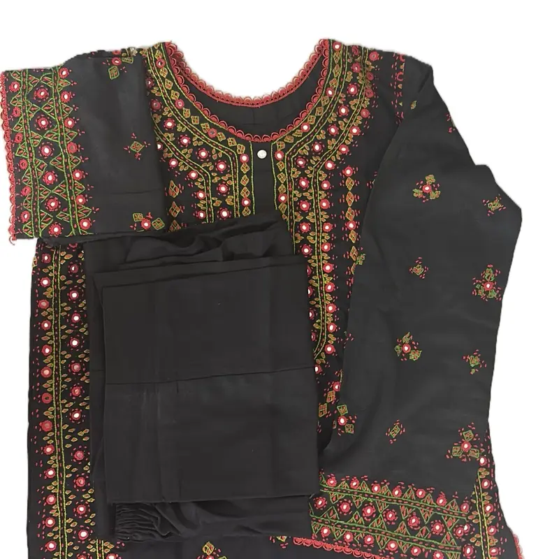 Two Piece Marina Hand Embroidered Mirror Balochi Work Asian Style Women's Clothes Black Color - Womenswear 3