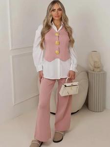 Findfashion Women's Long Sleeve Shirt With Gold Buttoned Knitted Vest And Trouser 3 Piece Set For Ladies