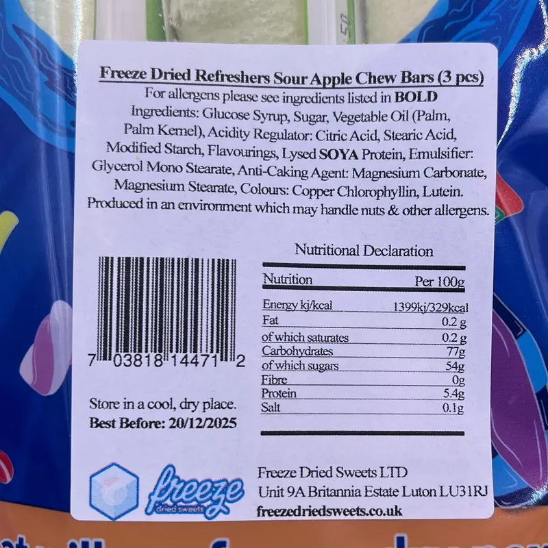 Refreshers Sour Apple Chew Bar - Freeze Dried Sweets - Vegan, Vegetarian & Halal 2