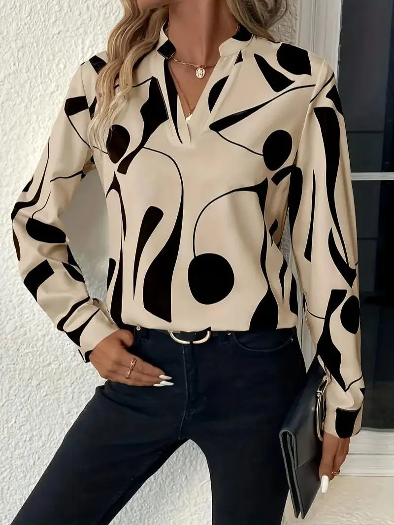 Women's Elegant Long Sleeve V-Neck Blouse, Chic Abstract Floral and Geometric Print, Soft and Breathable, Stylish and Comfortable Daily, Perfect for Office, Casual Outings,and Special Occasions, Gift for Birthdays,Anniversaries,and Holidays Womenswear