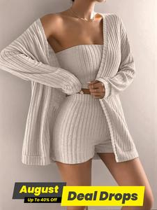 Three-piece Set Women's Solid Ribbed Three-piece Set, Fit Casual Long Sleeve Drop Shoulder Coat & High Waist Shorts & Crop Tube Top Set, Ladies Clothes for Spring & Fall Daily Wear, Co-ords Set, Womenswear, Outfit, Knit Outfit Set