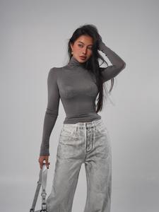 Hot Girl Sexy Lyocell High Collar Long Sleeve Micro Transparent Top