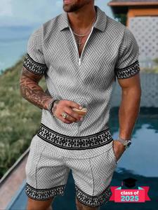 Two-piece Set Men's Solid Color Short Sleeve Tee & Drawstring Waist Shorts, Regular Fit Casual Fashion Cozy Breathable Men Two-piece for Summer, Lightweight Clothing