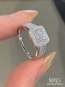 925 Sterling Silver Luxury Rhinestone Decorated Square Ring, Fashion Hand Matching Jewelry Accessories for Women, Elegant All-match Fashion Accessories for Daily Wear, Valentine's Day Gift