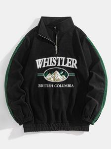 Men's Landscape Embroidery Half Zip Drop Shoulder Fleece Sweatshirt, Loose Casual Long Sleeve Funnel Neck Pullover for Fall & Winter, Men's Clothes for Daily Wear