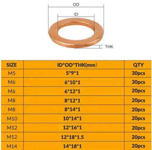 High-Quality Copper Sump Plug Washer Set 200 PCS Assorted Sizes M5-M14 for Engine Uses 2