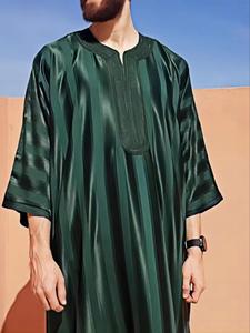 Men's Striped Embroidery Long Sleeve Robes, Loose Casual Comfy Three Quarter Length Sleeve Robe for Daily Wear, Muslim Clothing for Spring & Fall