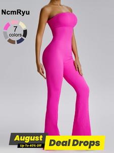 Women's Sexy Yoga Ribbed One Piece Tube Jumpsuit Rompers Flared Trousers Tights Push-up Sports Bodysuit Women Fitness Suit Workout Sportswear Gym, Sporty Jumpsuit