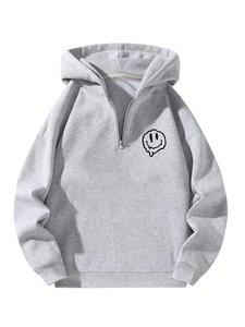 Men's Cartoon Face Print Half Zip Up Hoodie, Casual Loose Long Sleeve Hooded Sweatshirt for Fall & Winter, Men's Clothes for Daily Wear
