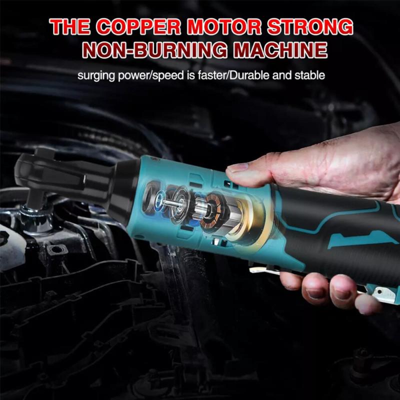 100Nm Electric Cordless Right Ratchet 3/8" 90 °   Angle Wrench 2 Battery DIY Tool 8