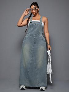 Plus Size Women's Summer Punk Style Frayed Denim Strap Dress, Essential for Daily Outings, Trendy and Comfortable Long Skirt