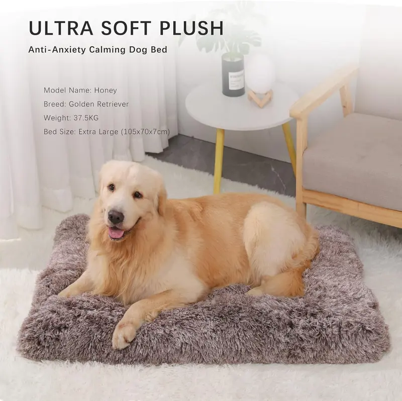 Small Dog Bed Washable Dog Crate Mattress Calming Fluffy Anti Anxiety Dog Beds Deluxe Plush Dog Mat with Anti-Slip Bottom, Brown,60x45x6cm 2
